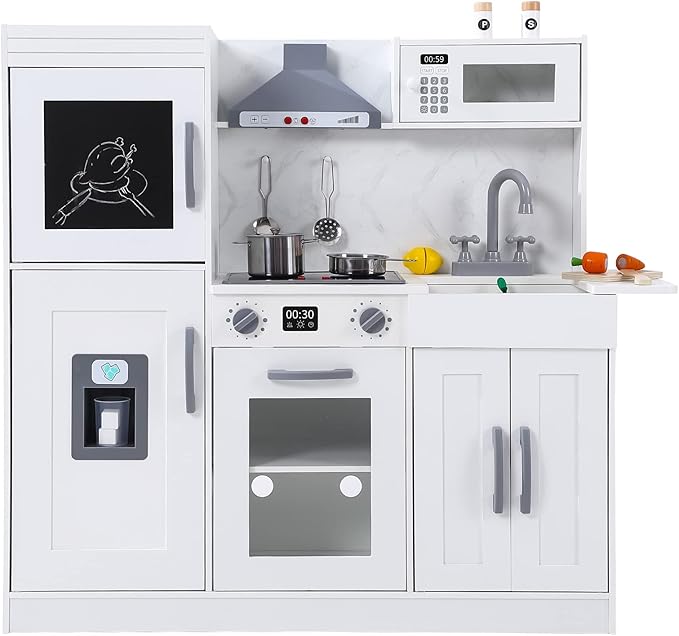 Wooden Kids Kitchen Playset with 20-Piece Cookware Accessories and Realistic Features - Ice Maker, Microwave, Oven, Range Hood, Sink, Lights and Sounds, White