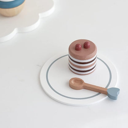 Wooden Tea Party Set for Little Girls Fake Food for Kids Kitchen 22pcs Cake Shop Toy