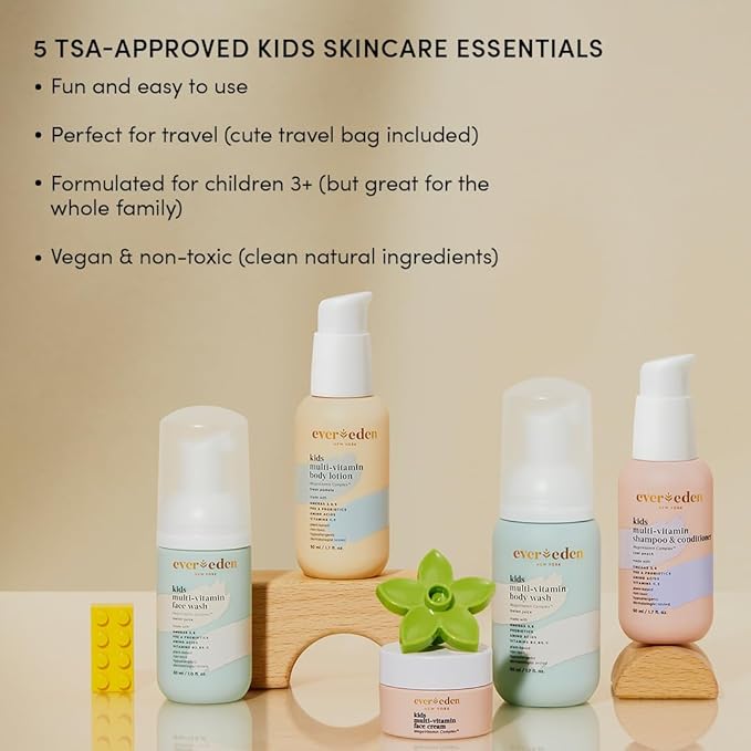 Evereden Kids Complete Routine Travel Set: Clean & Vegan 5-Piece Skin Care Set for Kids | Multi-Vitamin Kids Skin Care Set with Body Wash, Lotion