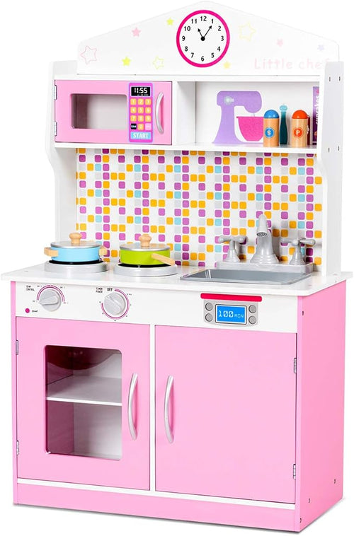 Costzon Kids Kitchen Playset, Wooden Pretend Chef Cooking Toy Kitchen with Realistic Sound, Microwave, Sink, Cookware Accessories, Pink Play Kitchen for Toddlers, Girls, Gift for Ages 3+