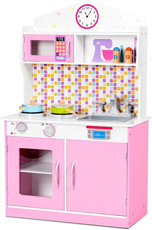 Costzon Kids Kitchen Playset, Wooden Pretend Chef Cooking Toy Kitchen with Realistic Sound, Microwave, Sink, Cookware Accessories, Pink Play Kitchen for Toddlers, Girls, Gift for Ages 3+
