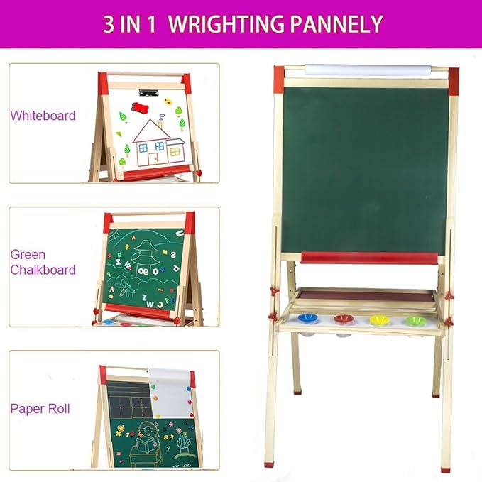 Wooden Art Easel for Kids (Double Sided) with Paper Roll, Height Adjustable from 35.4'' to 65'' for Kids Toddlers 3-6 6-12 12-16 KT-065-2