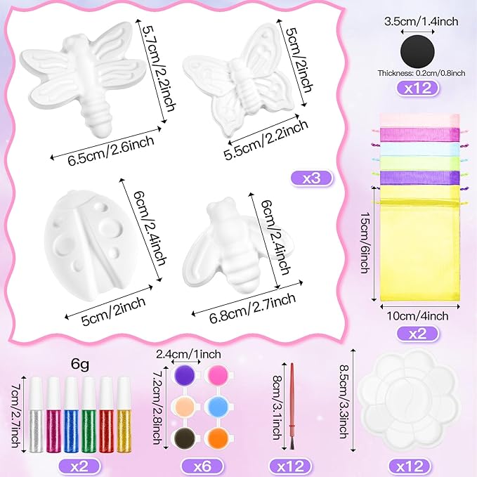 60 Pcs Plaster Painting Party Favors for Kids Birthday Party Supplies Animal Crafts for Kids DIY Painting Statues with Magnet Brushes Palette Organza Bag for Art Party Favor Bags(Insect)