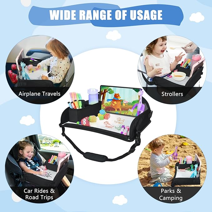 Upgraded Kids Travel Tray for Airplane - Toddler Car Seat Table Tray, Road Trip Essentials for Boys & Girls, Carseat Lap Desk for Kids Road Trip Activities, Black - 2 PCS