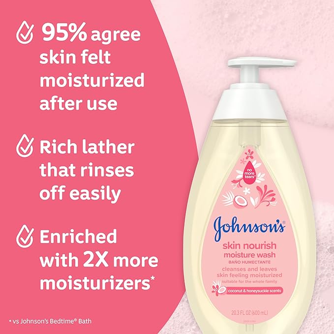Johnson's Skin Nourish Moisture Wash, Baby Wash with Coconut & Honeysuckle Scents Cleanses & Leaves Skin Moisturized 20.3 fl.