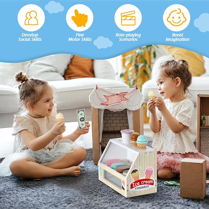 WHOHOLL Wooden Ice Cream Counter Playset for Toddler Girl Toys, Play Store Pretend Toy Food Play Kitchen Accessories with Fake Money & Coin, Gifts for 3-8 Year Old Kids
