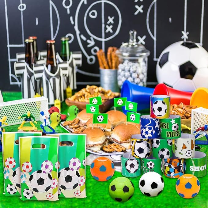 YUJUN 112 PCS Soccer Party Favors Set , Soccer Toy Soccer Fidget Spinners Slap Bracelet Whistle Tattoos Stickers Keychains for Kids Soccer Themed Birthday Party Favors Goodie Present Bags Decorations