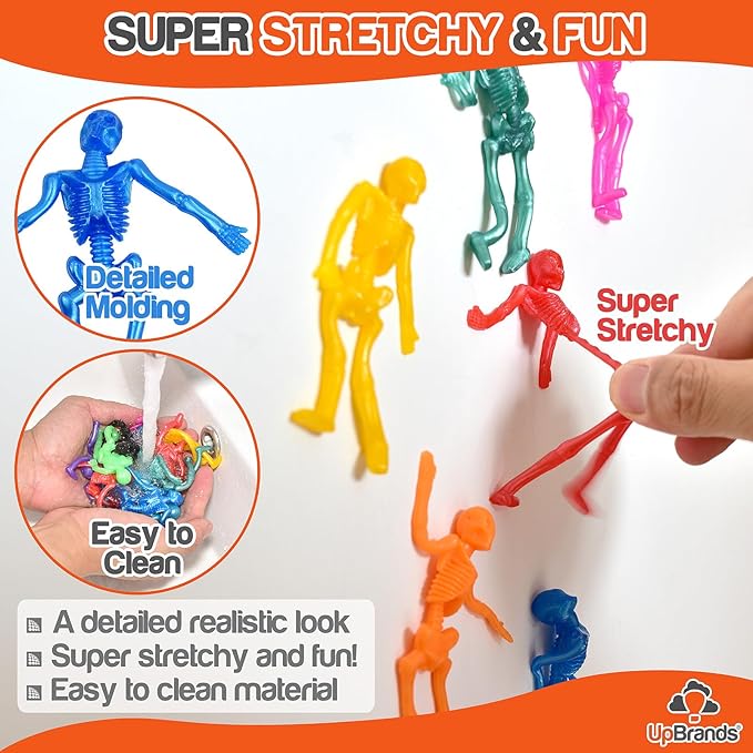 UpBrands 72 Stretchy Skeleton Toys, Party Favors for Kids, Bulk Set, 12 Colors, Kit for Easter Egg Basket Stuffers, Halloween Goodie Bags, Pinata Filler, Small Classroom Prizes