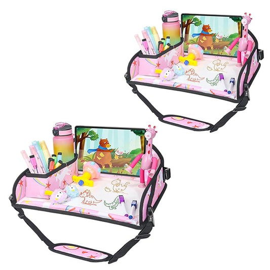 Upgraded Kids Travel Tray for Car Seat - Travel Tray for Airplane, Table Tray for Kids Travel Essentials, Toddler Lap Tray, Carseat Lap Desk for Kids Road Trip Activities, Pink Unicorn - 2 PCS