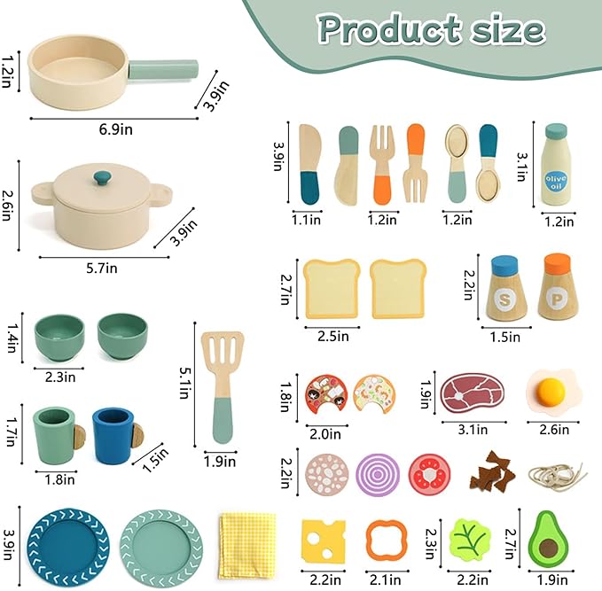 Wooden Kids Play Kitchen Accessories, Play Pots and Pans Sets for Kids Kitchen, Pretend Play Toys, Wooden Play Food Set, Kitchen Playset Accessories for Boys and Girls 3 4 5 6