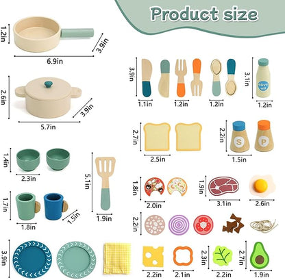 Wooden Kids Play Kitchen Accessories, Play Pots and Pans Sets for Kids Kitchen, Pretend Play Toys, Wooden Play Food Set, Kitchen Playset Accessories for Boys and Girls 3 4 5 6