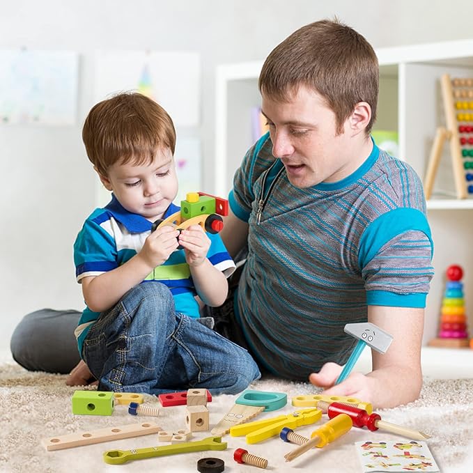 TONZE Kids Tool Set Wooden Toddler Tools Montessori Toys for 3 4 Year Olds, 34 PCS Educational STEM Construction Toys Pretend Play Toddler Tool Set Birthday Gift for Age 3-4 Boys & Girls