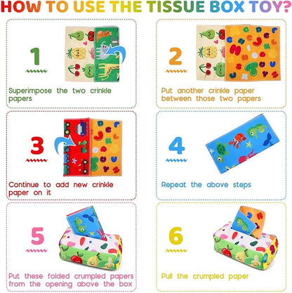 YOGINGO Baby Toys 6 to 12 Months - Tissue Box Toy Montessori for Babies 6-12 Months, Soft Stuffed High Contrast Crinkle Infant Sensory Toys