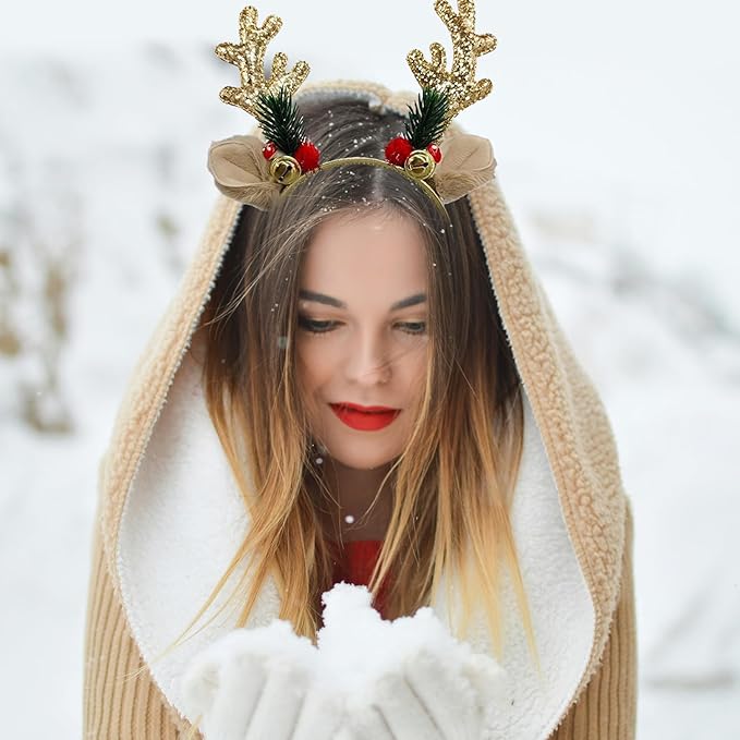 Reindeer Antlers Headband - 2Pcs Gold Red Sequins Reindeer Ears