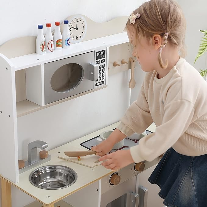 Wooden Play Kitchen, Kids Toy Kitchen Cooking Set, Kids Play Kitchen Pretend Play Set, Pretend Kitchen Playset for Toddlers Boys and Girls 3-7+