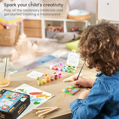 Arteza Kids Nature Painting Kit, 4 Canvases 3 x 3 Inches, 4 Easels, 12 Acrylic Paints, 2 Paint Brushes, 1 Palette, Kids Activities for Ages 6 and Up