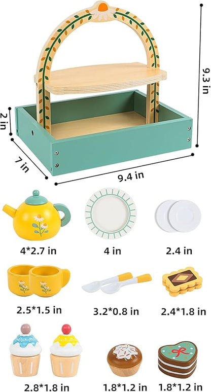 Wooden Dessert Cake Tea Party Set for Little Girls Toys, Pretend Play Kids Tea Set for Toddlers Wood Toys, Wooden Play Food Kitchen Accessories Sets for Kids
