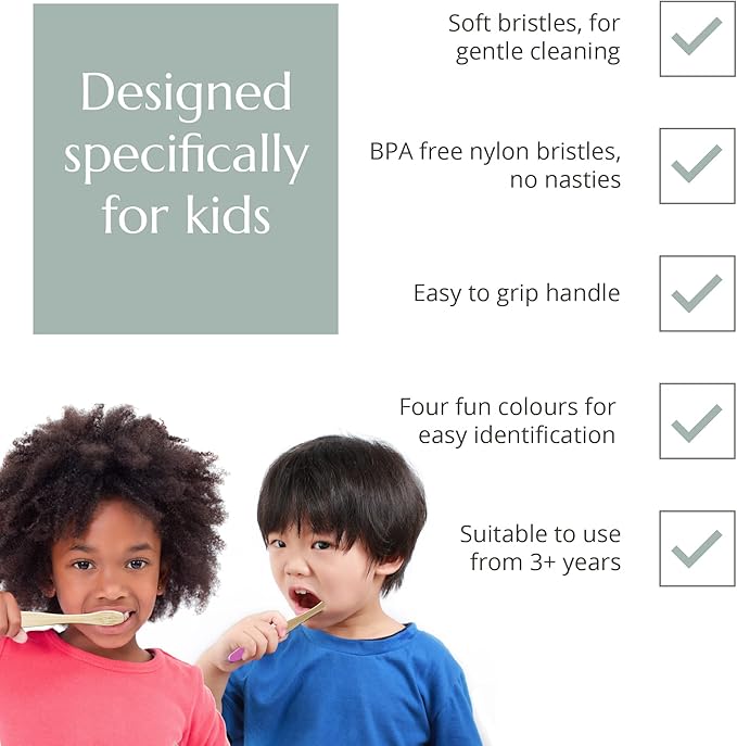 Wild & Stone | Organic Children's Bamboo Toothbrush | 4 Pack | Soft Fibre Bristles | 100% Biodegradable Handle | BPA Free | Vegan Eco Friendly Kids Toothbrushes (Multicolor)