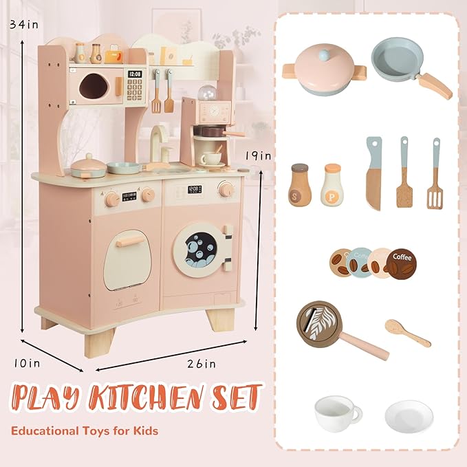 Wooden Kitchen Playset for Kids Ages 3-8, Pretend Play Kitchen for Toddlers with Realistic Design, Cooking Accessories, Coffee Maker, Oven, Microwave, Sink - Large