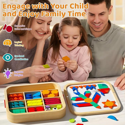 Wooden Magnetic Pattern Blocks with Cards, 288 PCS Montessori Tangram Puzzle Learning Toys for Toddlers 3-5, Educational STEM Gift for Kids Boys Girls 3 4 5 6