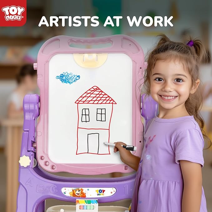 TOY Life Easel for Kids Art Easel for Toddler Easel - 4in1 Double-Sided Large Magnetic Board Kids Chalkboard Easel Drawing White Board for Kids Magnetic Letters & Numbers Pink Easel for Girls