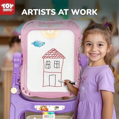 TOY Life Easel for Kids Art Easel for Toddler Easel - 4in1 Double-Sided Large Magnetic Board Kids Chalkboard Easel Drawing White Board for Kids Magnetic Letters & Numbers Pink Easel for Girls
