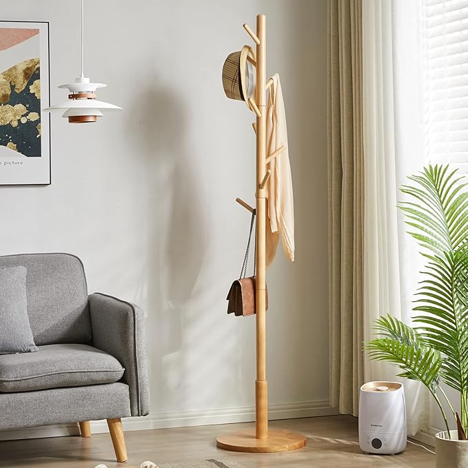 Wooden Coat Rack, Free Standing Coat Stand with 8 Hooks and 3 Height Options, Sturdy Kids Coat Tree Easy to Assemble, for Entryway Home Office Jackets Hat Purse Natural YD-1010