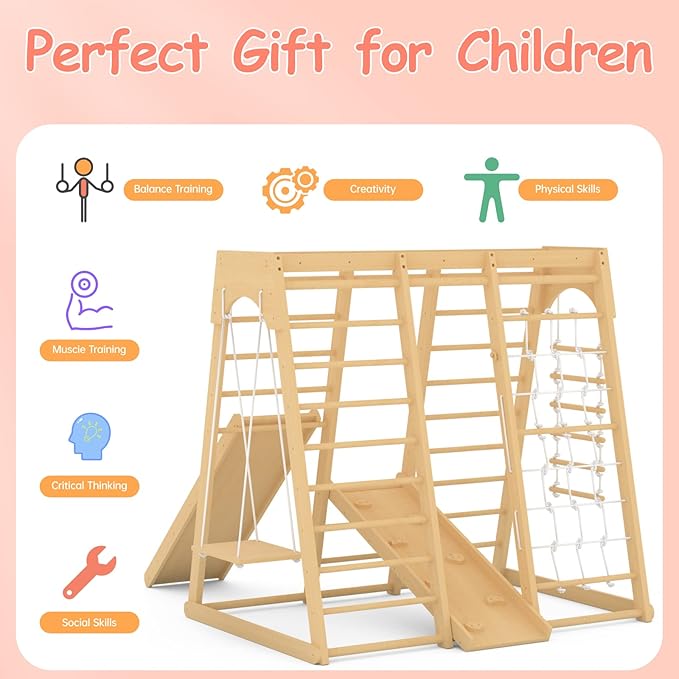 Toddler Jungle Gym, 66" Indoor Playground Set with Swing, Rock Climb Wall, Slide, Monkey Bars, Wood & Rope Ladder, Rope Wall Ladder for Kids 1-8yrs