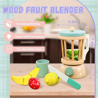Wooden Blender Toys Play Kitchen Set for Kids-Fruit Juicer Maker Toy,Pretend Cutting Fruits Toys Mixer Food Play Kitchen Accessories for Kids,Toy Blender for Kids 3+ Years Old（Wood Fruit Blender）
