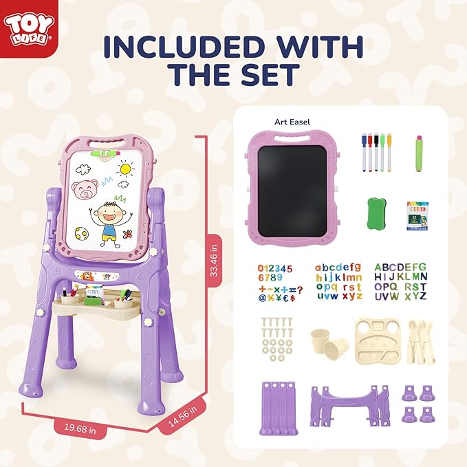 TOY Life Easel for Kids Art Easel for Toddler Easel - 4in1 Double-Sided Large Magnetic Board Kids Chalkboard Easel Drawing White Board for Kids Magnetic Letters & Numbers Pink Easel for Girls