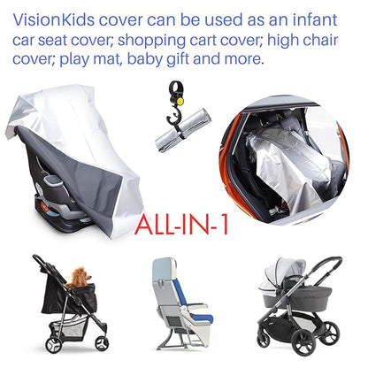 VisionKids Baby Car Seat Sun Shade Cover with Free Storage Bag Included | Infant Car Seat Heat Protector | UV Protection Cooler Cover | Keeps Toddler Seat Cool in Baby Car | Travel Accessories Silver