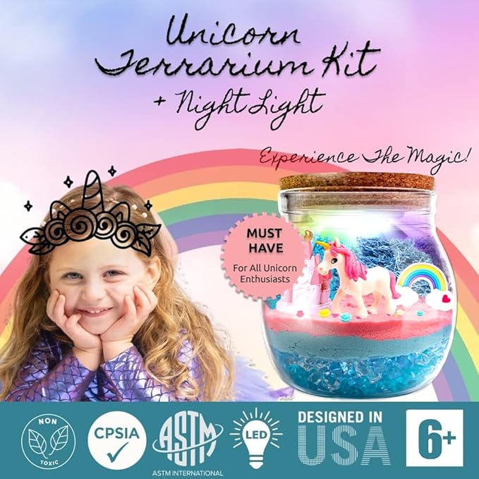 Unicorn Light Up Terrarium Kit for Kids I DIY Unicorn Toys Craft Kits for Kids I Terrarium Jar Night Light for Kids Crystal Growing Kit I Unicorn Gifts for Girls Age 4-12