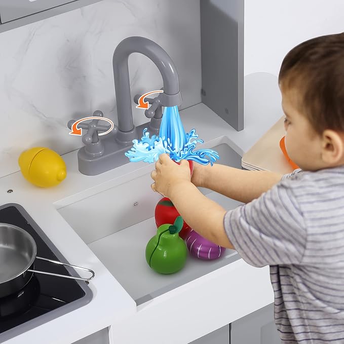 Wooden Play Kitchen, Kids Kitchen Playset with Microwave, Oven, Sink, Real Lights & Sounds,Wooden Chef Pretend Play Set for Boys and Girls