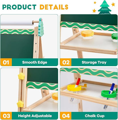 Wooden Art Easel for Kids with Paper Roll Height Adjustable Standing Easel Double-Sided Easel with Whiteboard Chalkboard Storage Tray Painting Accessories Gift for Boys Girls Toddler Ages 3+