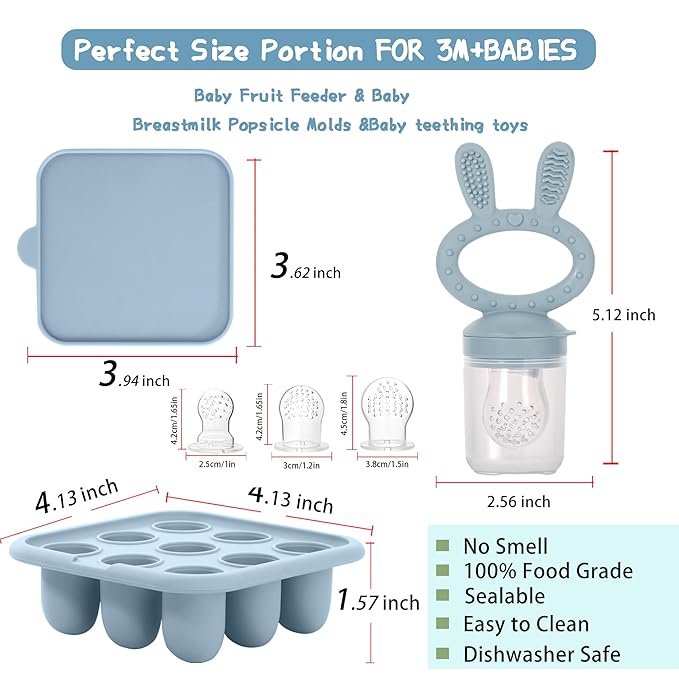 WAJIAYON Baby Breastmilk Popsicle Molds & Baby Fruit Feeder (3 Pack), Baby Food Freezer Tray Storage Containers