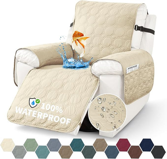 XINEAGE 100% Waterproof Recliner Chair Cover, Non Slip Covers for Recliner Chair with Pocket, Washable Dog Recliner Couch Cover with Elastic Straps (Beige, 30")