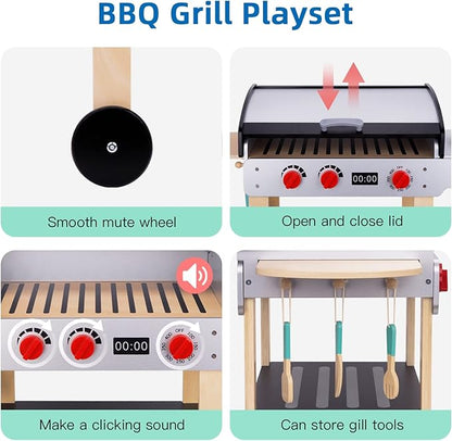 Wooden Play Barbecue Toy Grill, Kids Grill Playset with Toy Food and Grilling Tools, Play Kitchen Accessories for Toddlers Boys Girls Age 3+