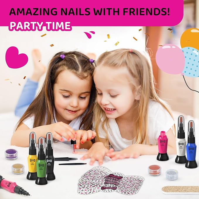 Tomons Kids Nail Polish Set for Girls, Nail Art Kit with Pens,Glitter,Stickers-Quick Dry& Non-Toxic Nail Polish, Ideal Birthday Christmas Gifts for 6-12 Years Old Kids