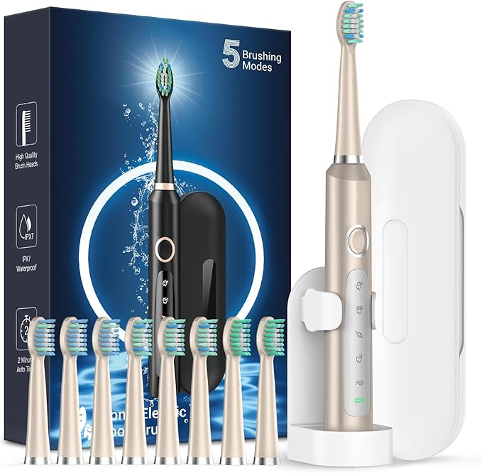 Rtauys M5 Sonic Electric Toothbrush for Adults - Rechargeable Electric Toothbrushes with 8 Brush Heads & Holder, Travel Case, Power Electric Toothbrush，3 Hours Charge for 120 Days - Champagne Gold