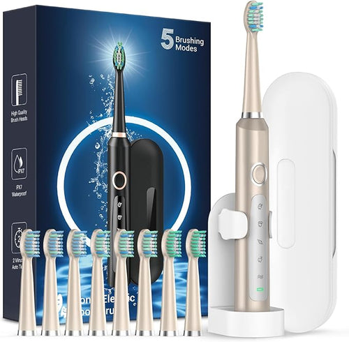 Rtauys M5 Sonic Electric Toothbrush for Adults - Rechargeable Electric Toothbrushes with 8 Brush Heads & Holder, Travel Case, Power Electric Toothbrush，3 Hours Charge for 120 Days - Champagne Gold