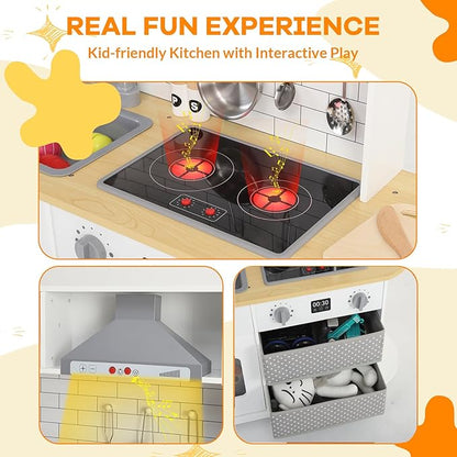 Wooden Play Kitchen for Kids - Innovative Corner Design, Realistic Cooking Sounds, Complete Accessories, Ample Storage Space, and Sound & Light Features