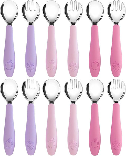 CHILLOUT LIFE Toddler Utensils, Kids Silverware with Silicone Handle, Stainless Steel Metal Toddler Forks and Spoons Safe Baby Cutlery Set for Self Feeding BPA Free Dishwasher Safe - 12 Piece