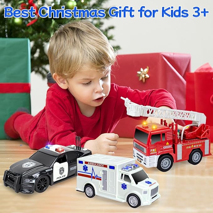 4 Pack Emergency Vehicles Toy Set, 1:20 Scale Big Fire Truck & Ambulance & Helicopter & Police Car Toy for 2 3 4 5 6 Year Boys Toddlers Gift
