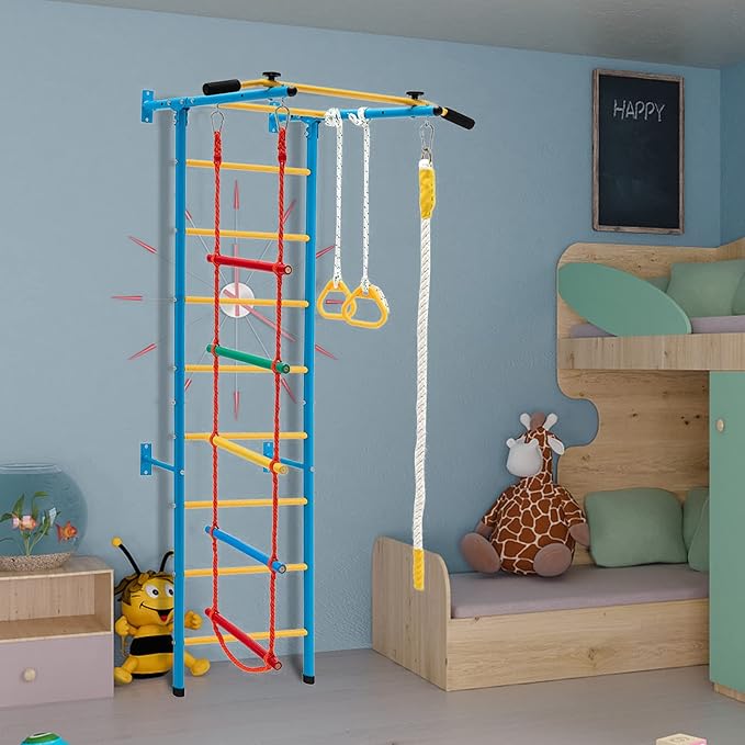 tongmo Climbing Toys for Kids, Metal Indoor Kids Gym for Exercise, Multiple Modes Play Climbing Set, Sturdy Playground with Rope Ladder, Pull-up Bar, Wall Ladder, Rope and Gymnastic Rings