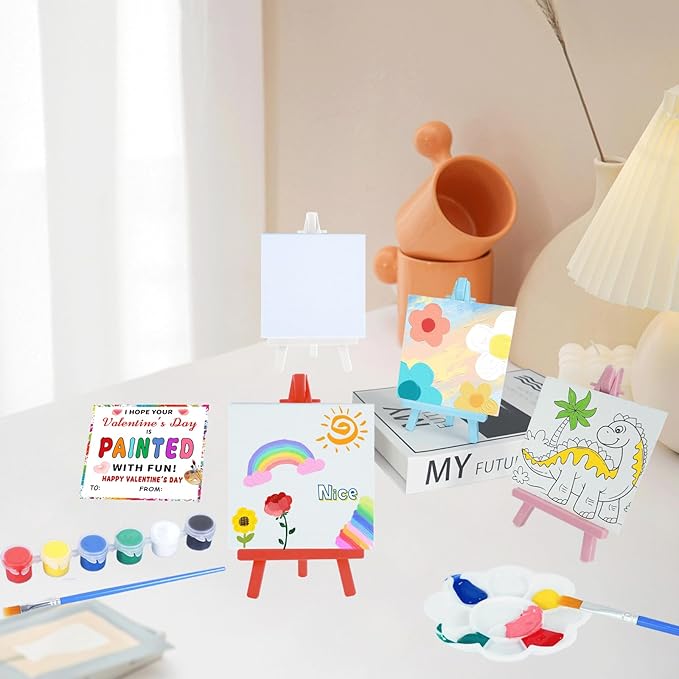 Valentines Day Gifts for Kids - Valentines Day Cards for Kids School - 20 Pack Watercolor Paint Set, Acrylic Paint Canvas Brushes Easel, Stationery Exchange for Boys Girls Class Classroom Party Favor