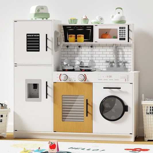 Babytronic Wooden Kitchen Playset for Kids, Interactive Play Kitchen with Lights & Sounds, Children Pretend Toy Kitchen Set with Faucet, Oven, Microwave, Kitchenware for Toddlers Ages 3+ (White)