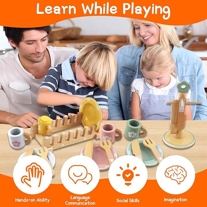 Wooden Play Kitchen Accessories, Play Plates and Cups for Kids Kitchen, Play Dishes for Kids Kitchen, Play Pots and Pans for Toddlers Boys and Girls 3 4 5 6