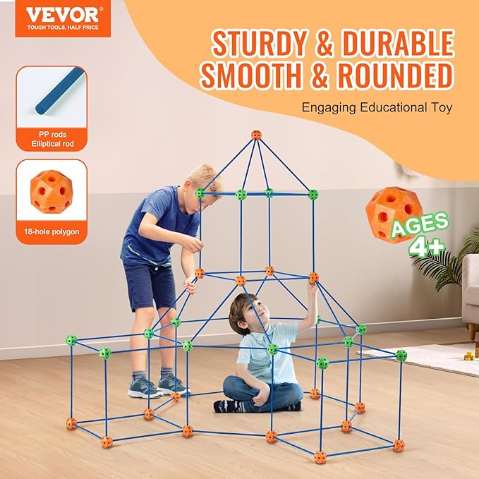 VEVOR Fort Building Kit for Kids, 120PCS STEM Building Toys, Educational Gift for 4 5 6 7 8+ Year Old Boys & Girls, Indoor Outdoor Play Tent Builder Set Construction Toys with 80 Rods and 40 Balls