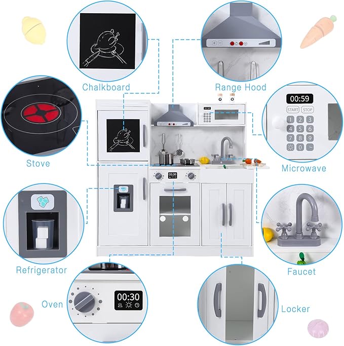 Wooden Kids Kitchen Playset with 20-Piece Cookware Accessories and Realistic Features - Ice Maker, Microwave, Oven, Range Hood, Sink, Lights and Sounds, White