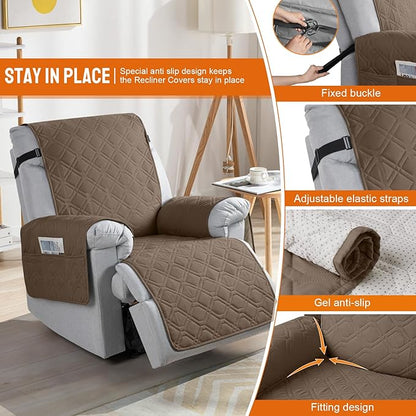VANSOFY 100% Waterproof Recliner Chair Covers, Recliner Cover Non-Slip Dog Chair Cover Furniture Protector Washable Slipcover with Pocket, Elastic Straps for Pets, Dogs(Brown, 30")
